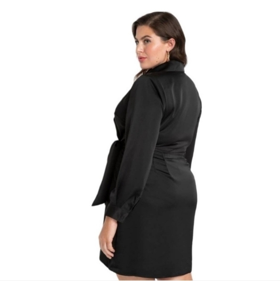 Eloquii Elegant Black Satin Wrap Dress Padded Shoulders Tulip Hemline - Picture 13 of 15